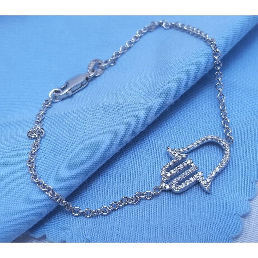 Unique 14K Solid White Gold Designer Diamond Hamsa Cable Link Bracelet 6.25" L
